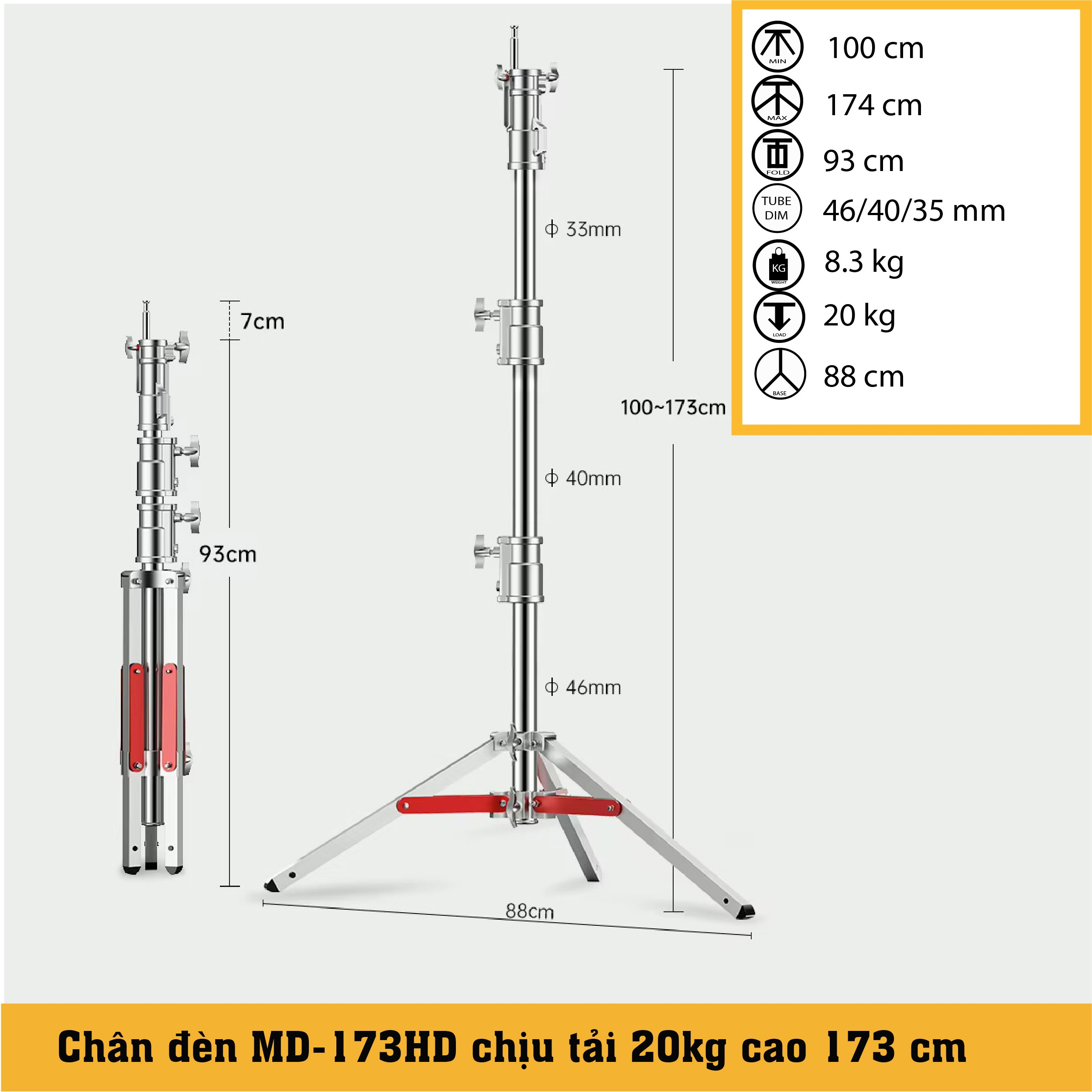 Chân đèn chịu tải 20kg MD 173HD cao 174cm