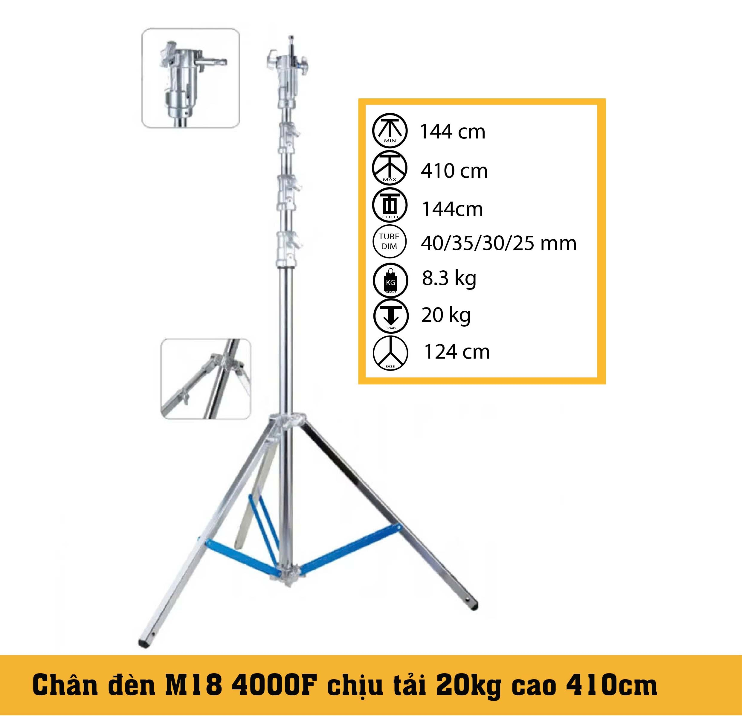 Chân đèn Heavy Duty M18 4000F chịu tải 20kg cao 410cm